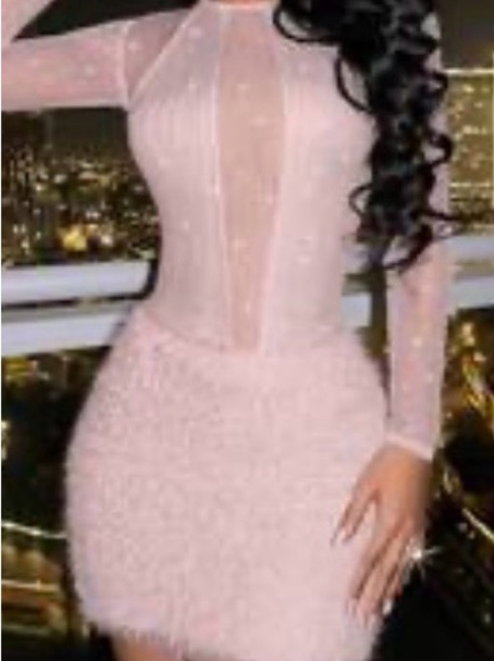 Blush Pink Mesh Long-Sleeve Dress with Feather Skirt